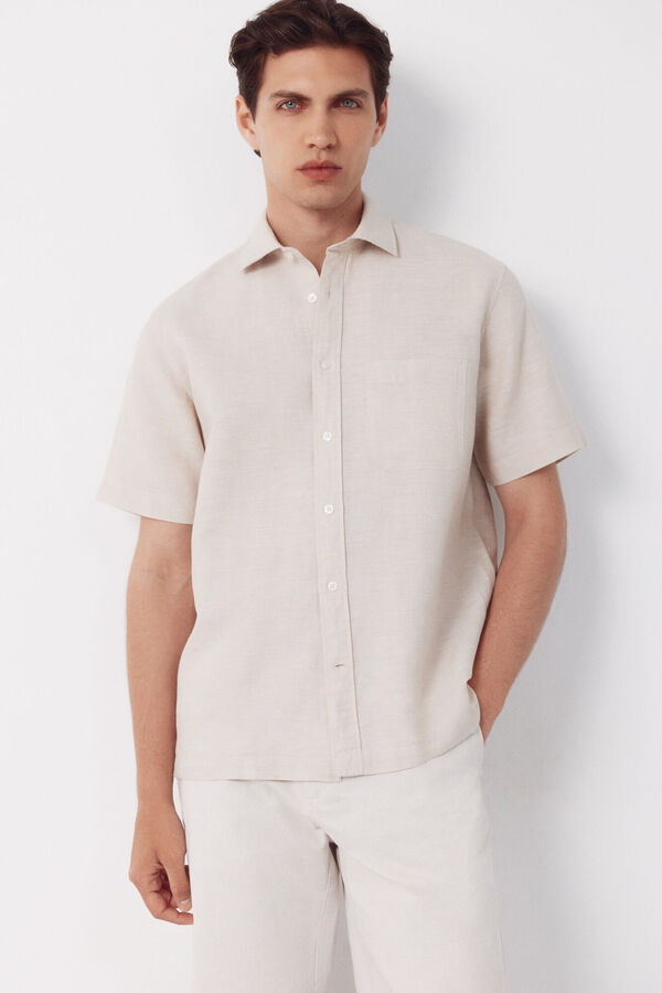 Cortefiel Camisa algod&oacute;n lino lisa manga corta Beige