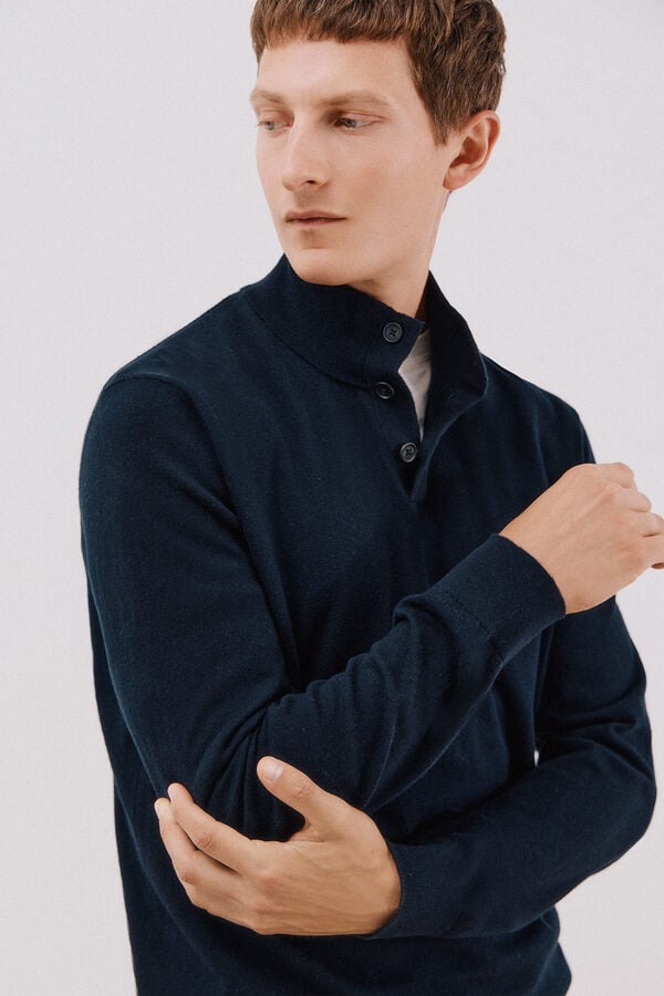 Cortefiel Jersey algod&oacute;n cashmere cuello alto botones Azul marino