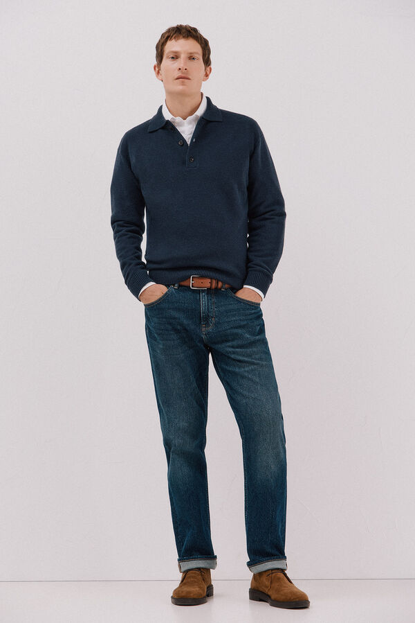 Cortefiel Suéter estruturado de lã com gola polo Azul