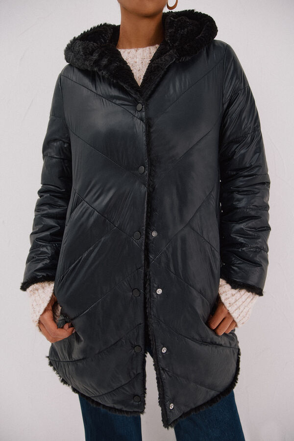 Cortefiel Abrigo largo reversible efecto pelo Negro