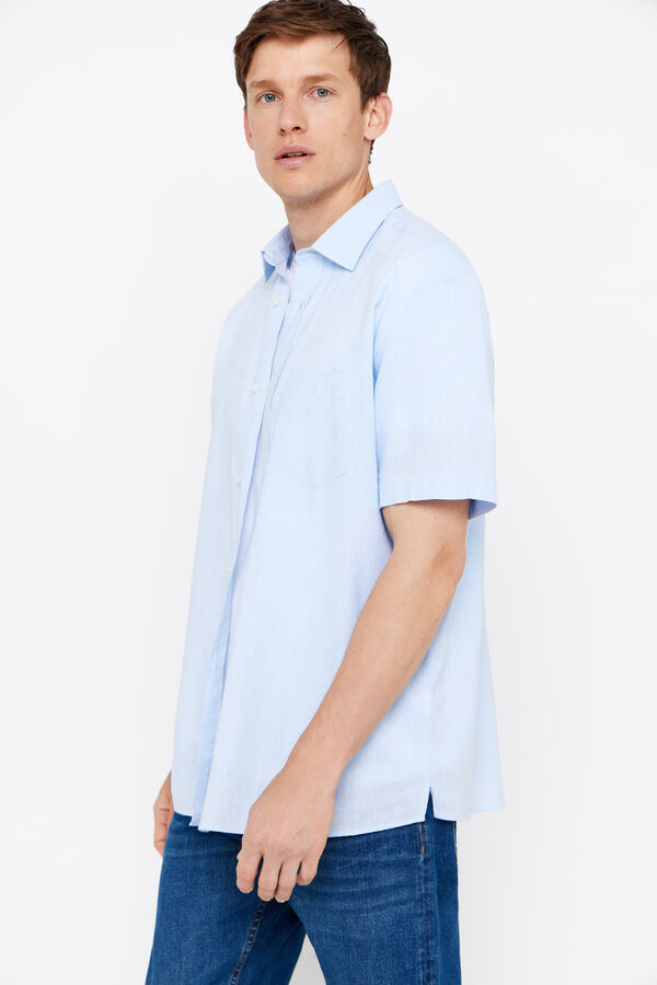 Cortefiel Camisa lino algodón liso manga corta Blue