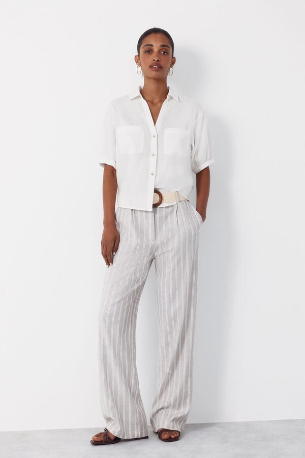 Cortefiel Pantal&oacute;n ancho con lino Estampado blanco