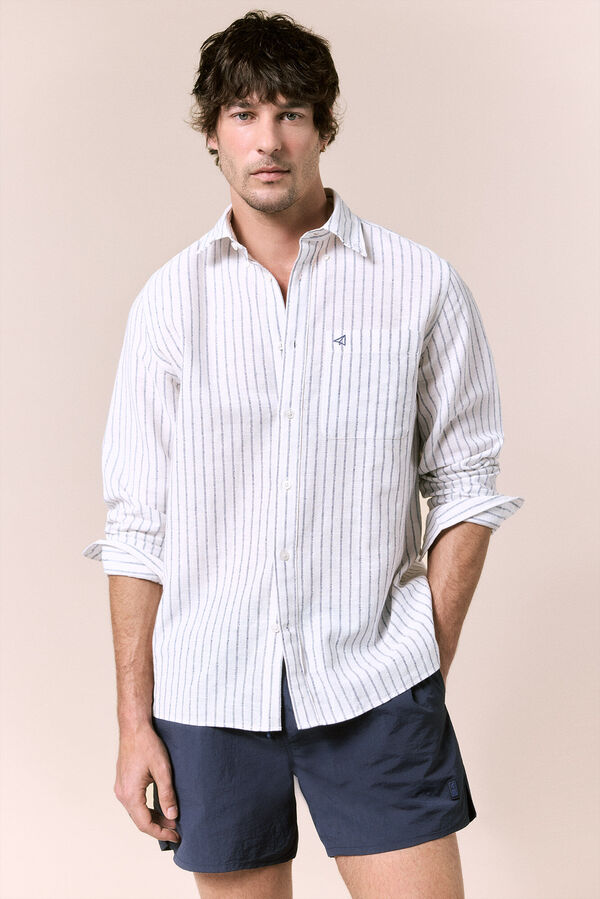 OOTO Camisa de linho de manga comprida &agrave;s riscas Branco