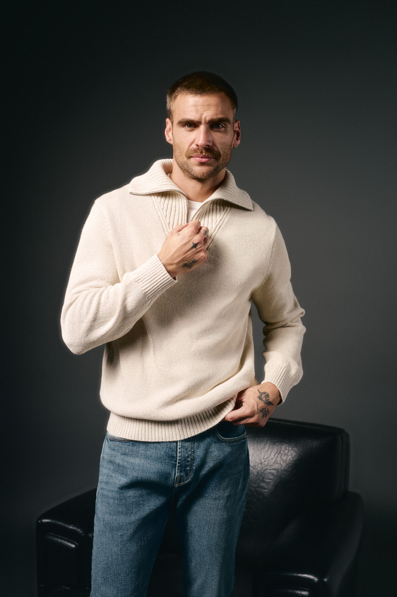 OOTO Su&eacute;ter de algod&atilde;o com gola polo e fecho-&eacute;clair