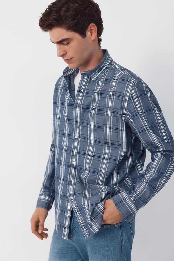 Cortefiel Camisa popel&iacute;n cuadros Azul marino