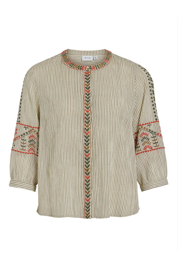 Vila Blusa de algod&oacute;n con bordados &eacute;tnicos Beige