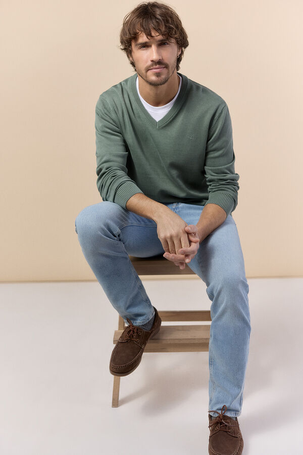 OOTO Jersey cuello pico algod&oacute;n lavado Kaki