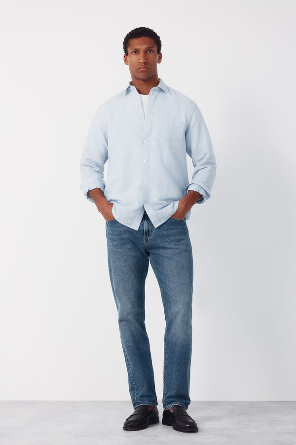 Cortefiel Camisa lino algod&oacute;n rayas Azul