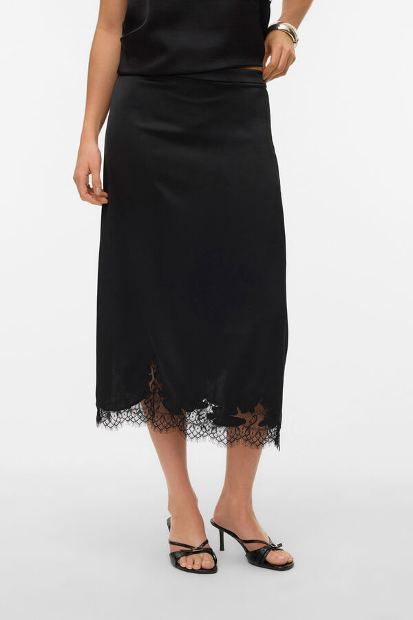 Vero Moda Falda midi satinada con encaje Negro