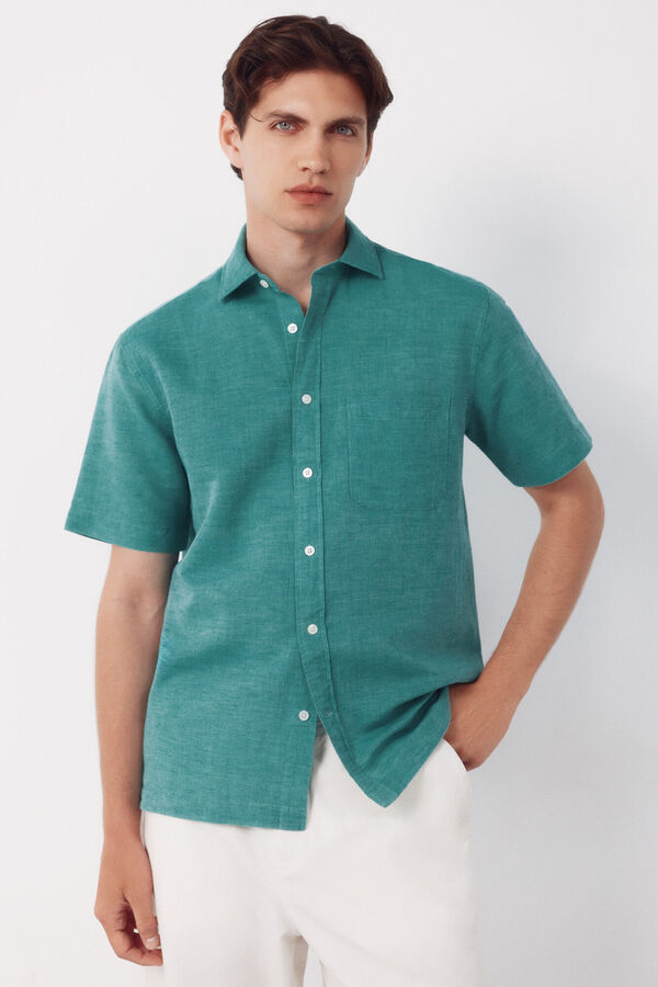 Cortefiel Camisa algod&oacute;n lino lisa manga corta Verde