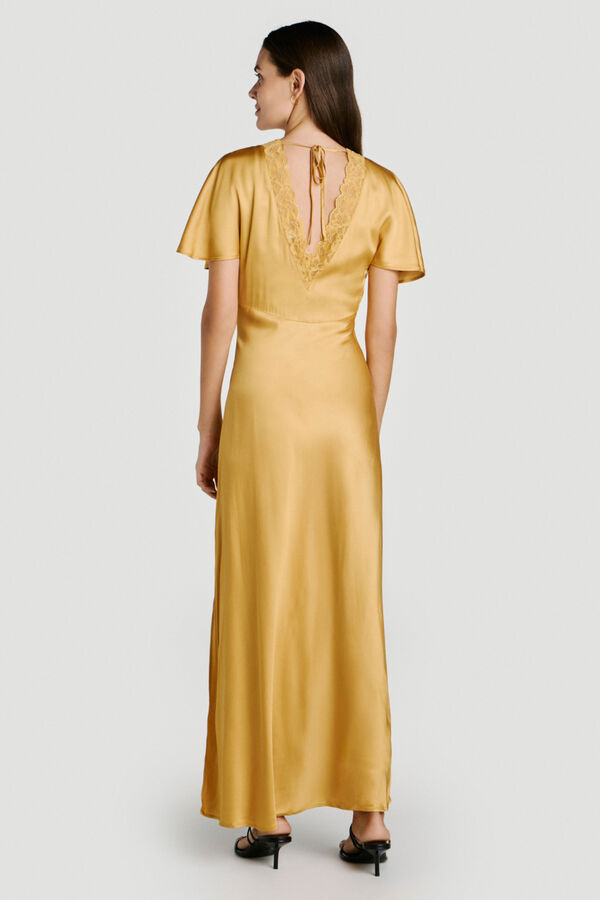 Vila Vestido de festa acetinado com renda Dourado