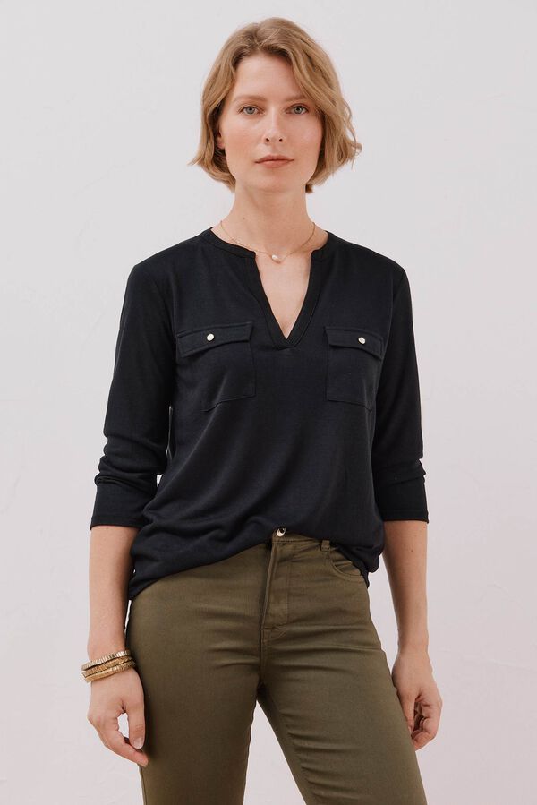 Cortefiel linen effect mandarin collar T-shirt Black