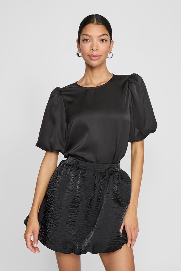 Vila Satin-finish puffed sleeve blouse Black