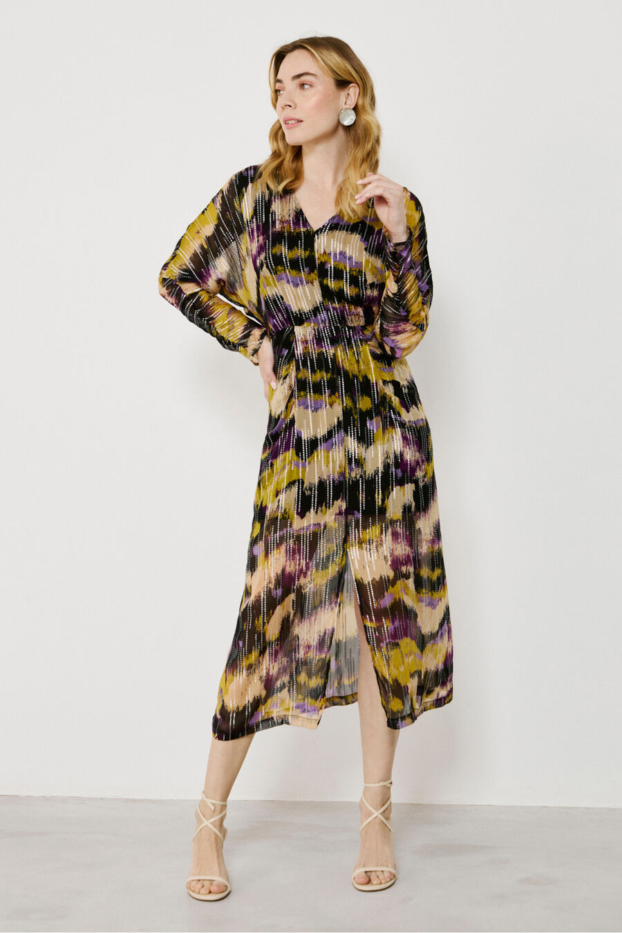 Vestido midi estampado con lúrex