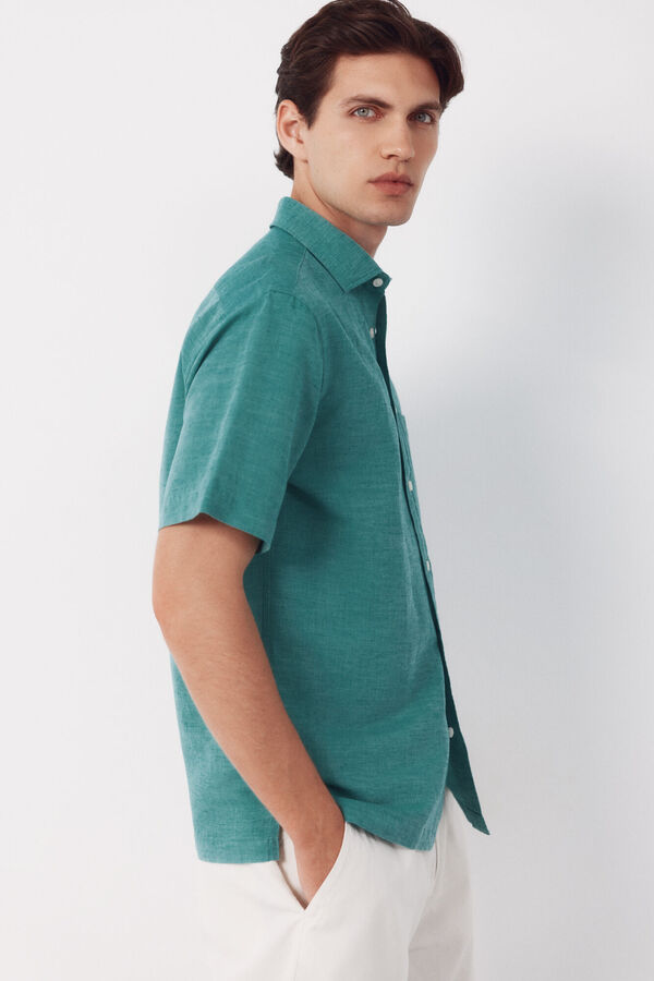 Cortefiel Camisa algod&oacute;n lino lisa manga corta Verde