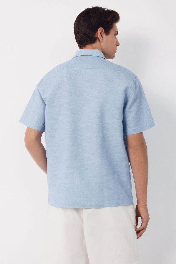 Cortefiel Camisa algod&oacute;n lino lisa manga corta Azul