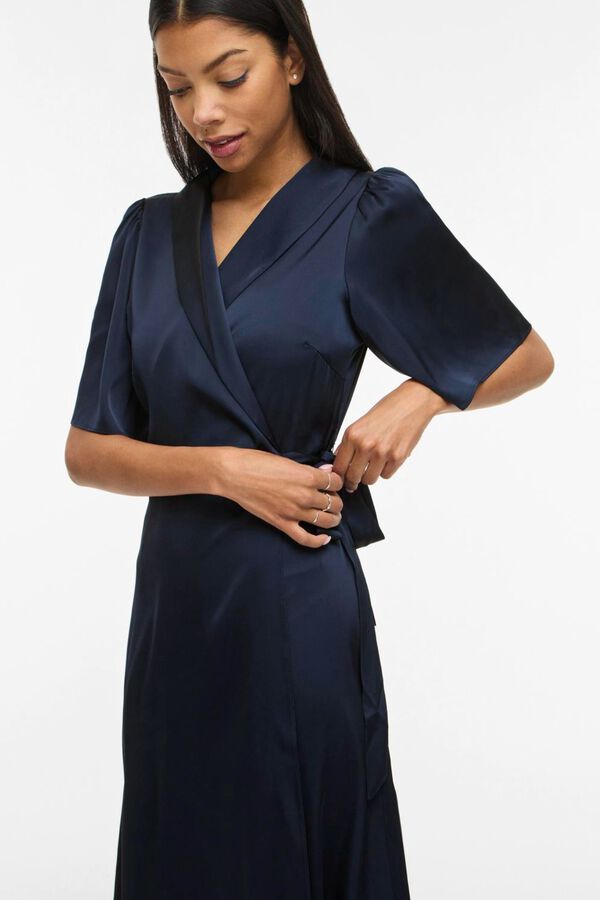 Vila Vestido midi acetinado cruzado Azul