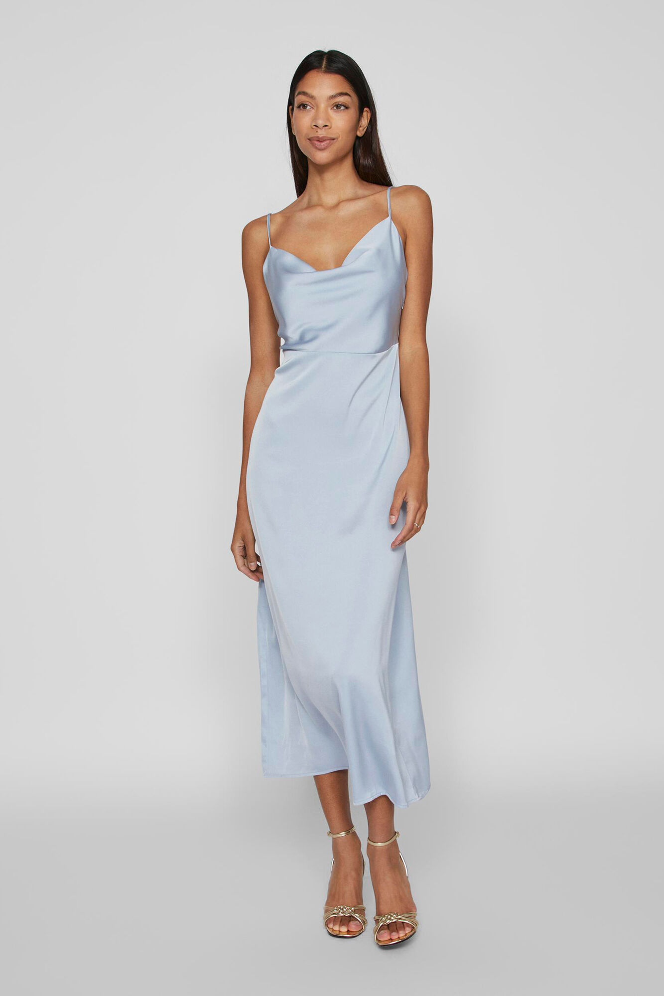 Vila Vestido comprido acetinado com decote drapeado