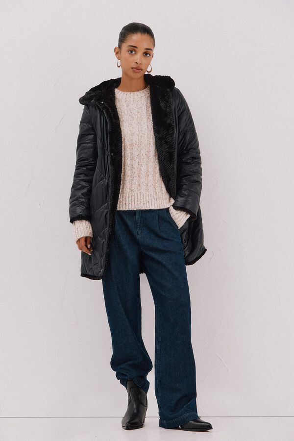 Cortefiel Abrigo largo reversible efecto pelo Negro