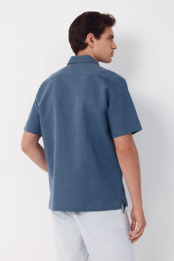 Cortefiel Camisa algod&oacute;n lino lisa manga corta Azul marino