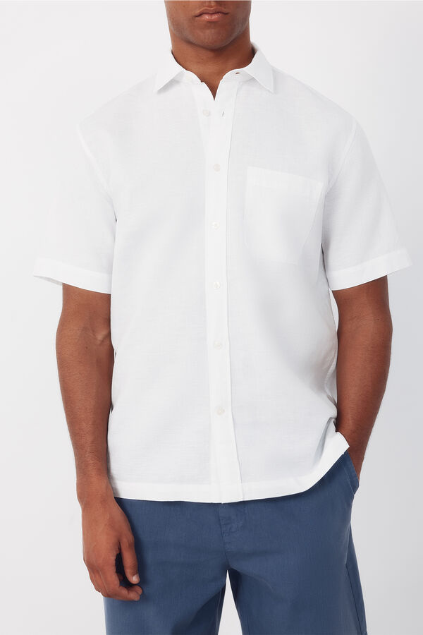 Cortefiel Camisa algod&oacute;n lino lisa manga corta Blanco