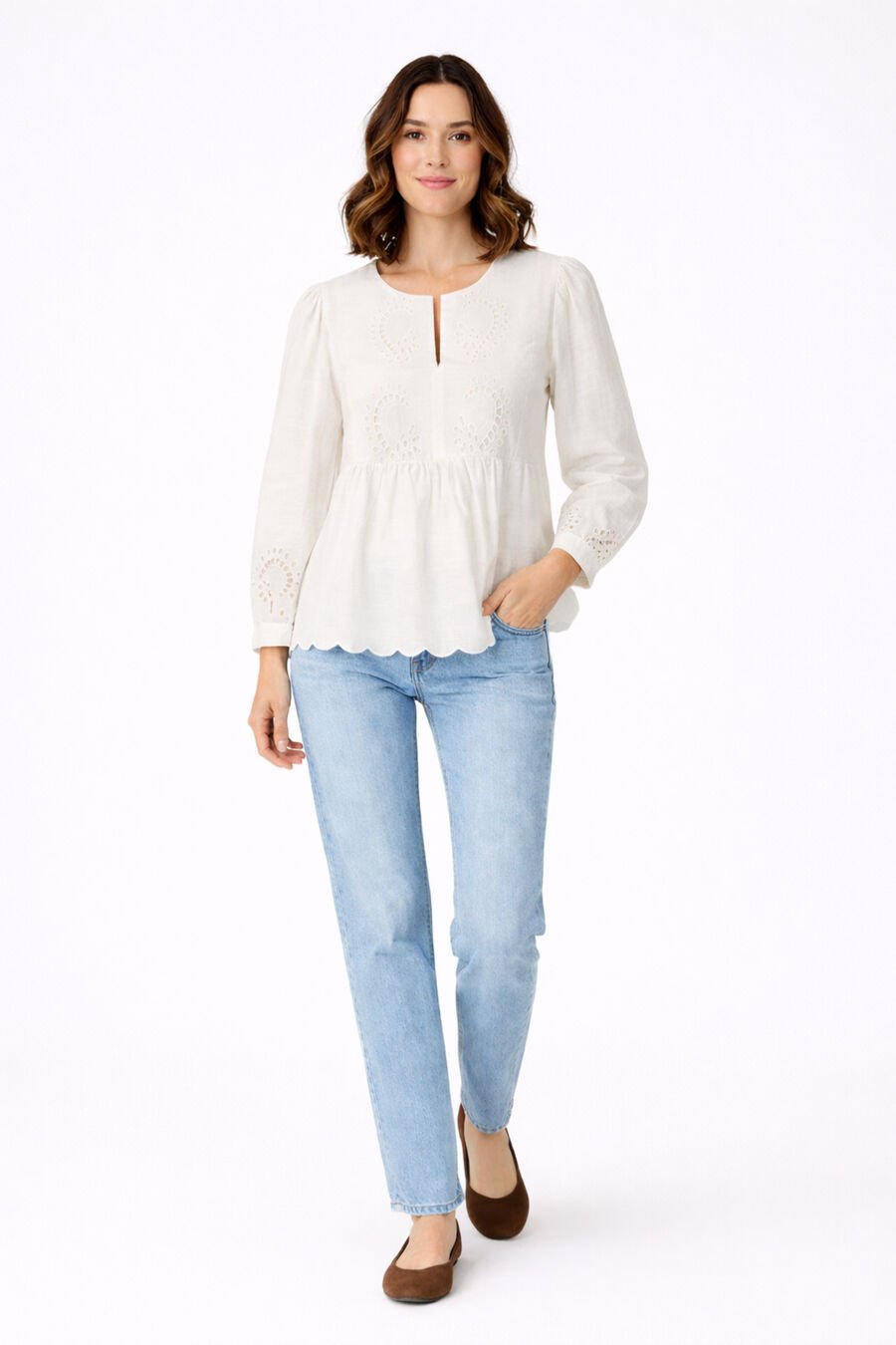 Blusa de manga 3/4 con encaje inglés de algodón