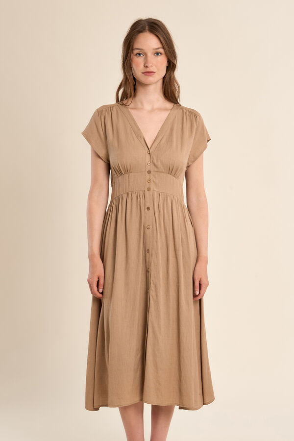 Molly Bracken Vestido de manga corta detalle pliegues Beige