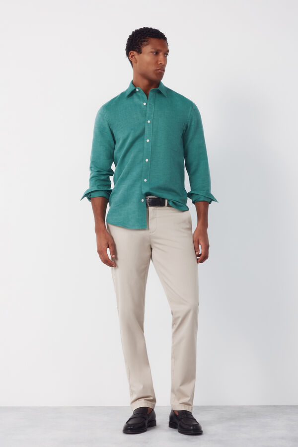 Cortefiel Camisa lino algod&oacute;n liso Verde