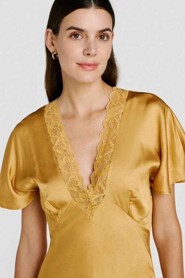 Vila Vestido de festa acetinado com renda Dourado