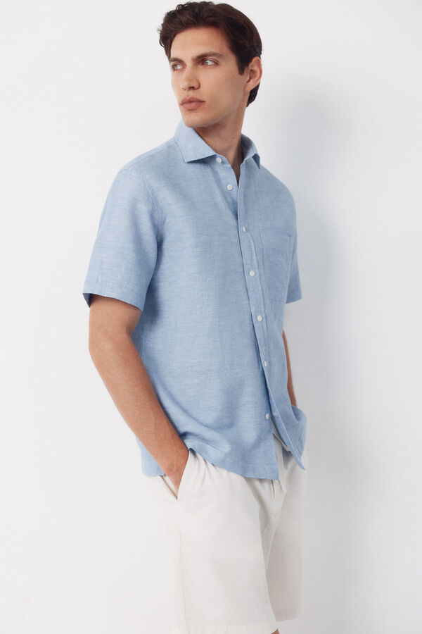 Cortefiel Camisa algod&oacute;n lino lisa manga corta Azul