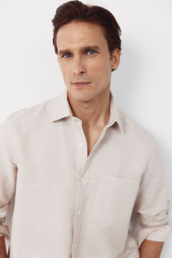 Cortefiel Camisa lino algod&oacute;n rayas Beige