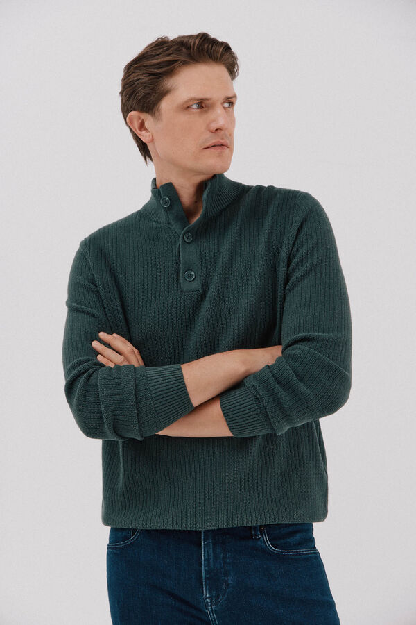 Cortefiel Jersey algod&oacute;n estructura cuello alto con botones Verde oscuro