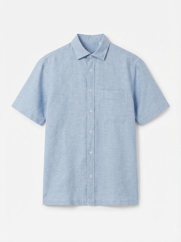 Cortefiel Camisa algod&oacute;n lino lisa manga corta Azul