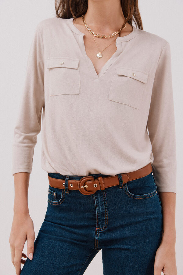 Cortefiel Camiseta cuello mao efecto lino Beige