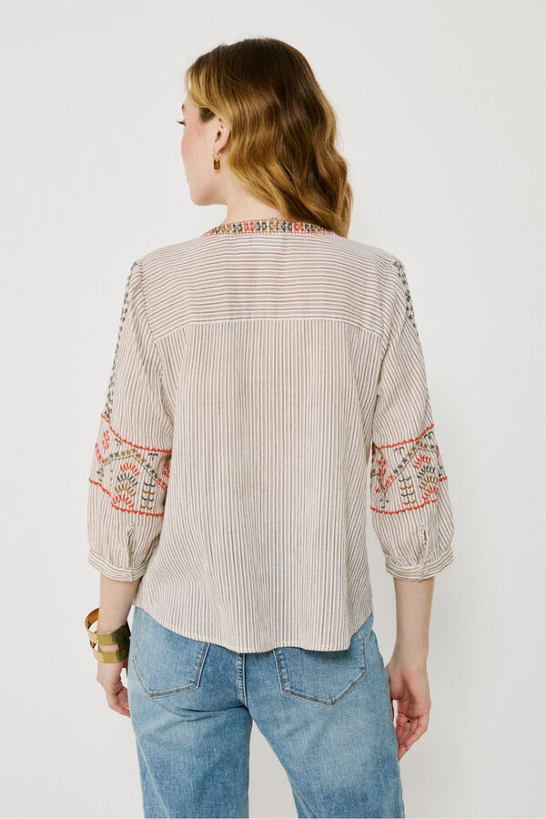 Vila Blusa de algod&oacute;n con bordados &eacute;tnicos Beige