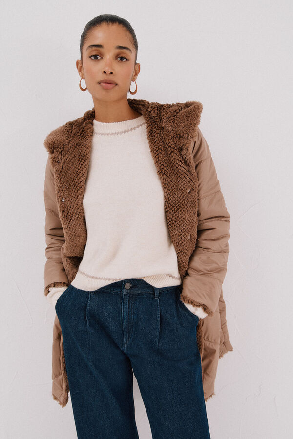 Cortefiel Abrigo largo reversible efecto pelo Beige