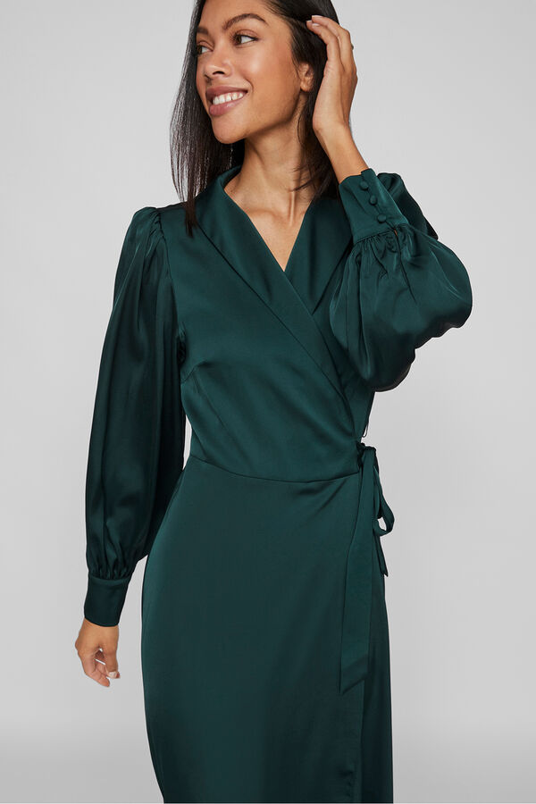 Vila Vestido midi cruzado satinado Verde oscuro