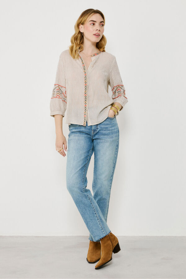 Vila Blusa de algod&oacute;n con bordados &eacute;tnicos Beige