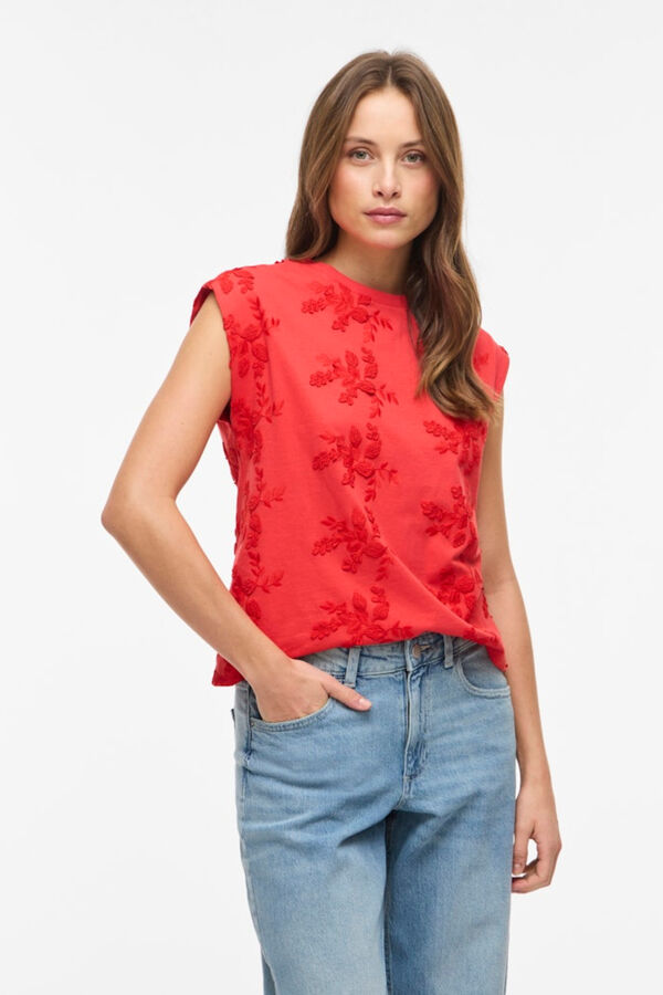 Vila Top sin mangas con bordados de algod&oacute;n Coral