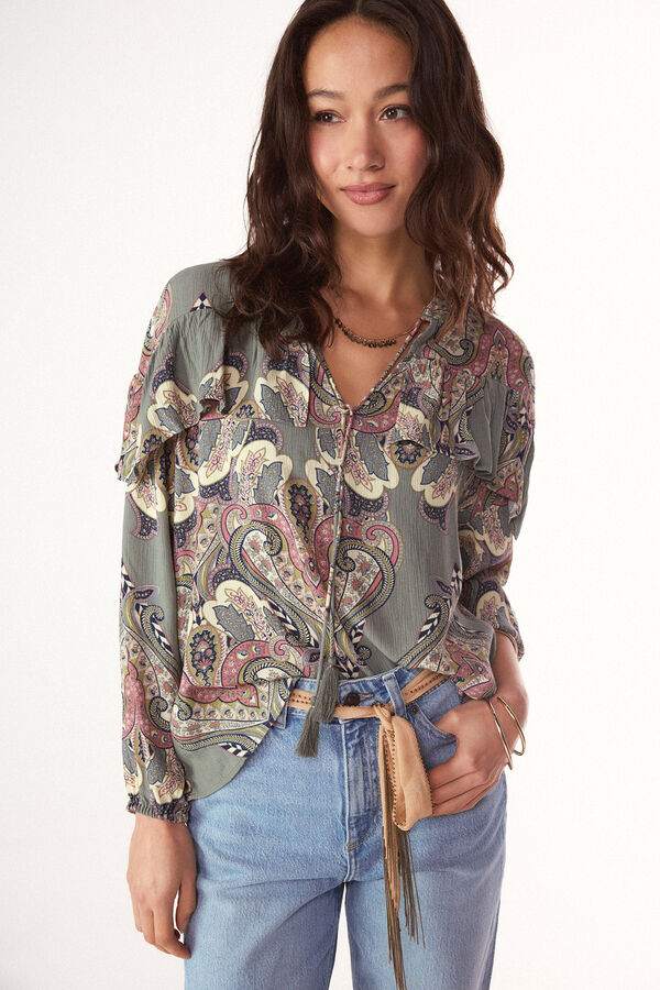 Slowlove Blusa estampada volante Estampado azul