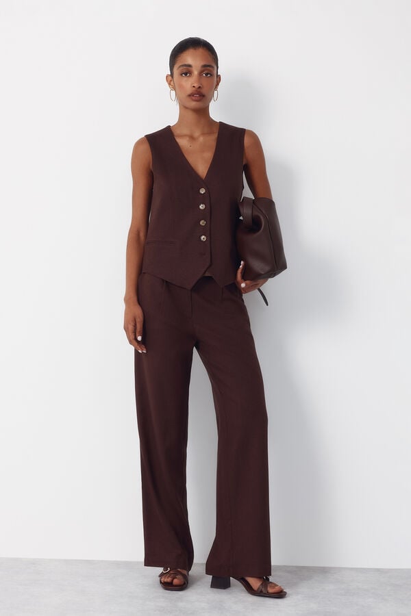 Cortefiel Pantal&oacute;n ancho con lino Marr&oacute;n oscuro