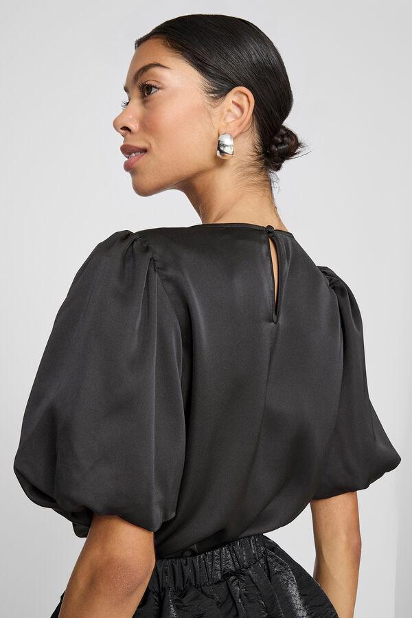 Vila Satin-finish puffed sleeve blouse Black
