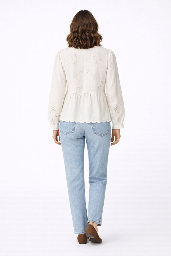 Vila Blusa de manga 3/4 con encaje ingl&eacute;s de algod&oacute;n Blanco