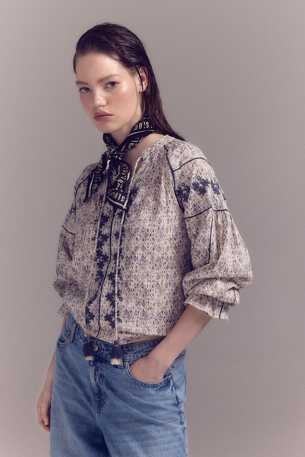 Slowlove Blusa bordada manga larga Estampado blanco