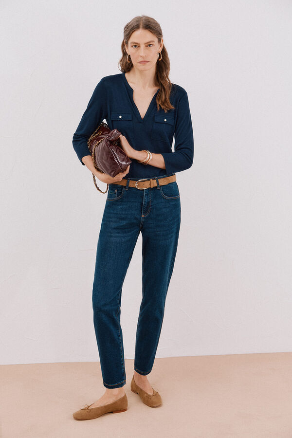 Cortefiel Camiseta cuello mao efecto lino Azul marino