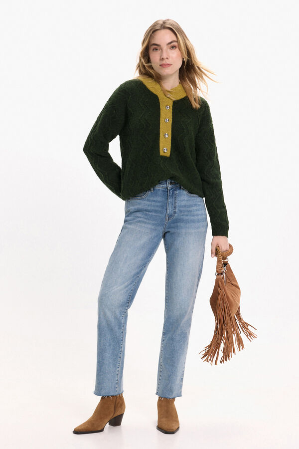 Vila Jersey de lana con botones en el cuello Verde oscuro