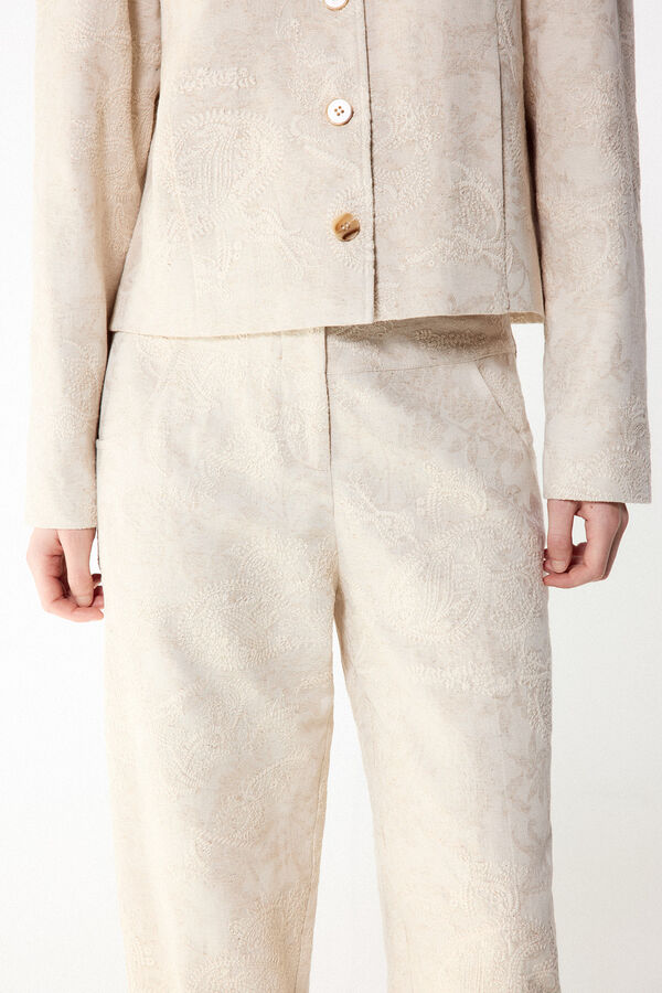 Slowlove Pantal&oacute;n recto bordado Marfil