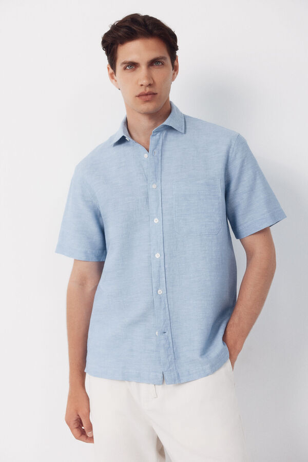 Cortefiel Camisa algod&oacute;n lino lisa manga corta Azul