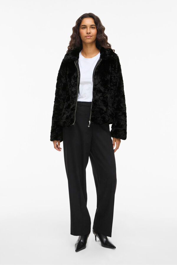 Vila Casaco de pele sobretudo com fecho-&eacute;clair Preto