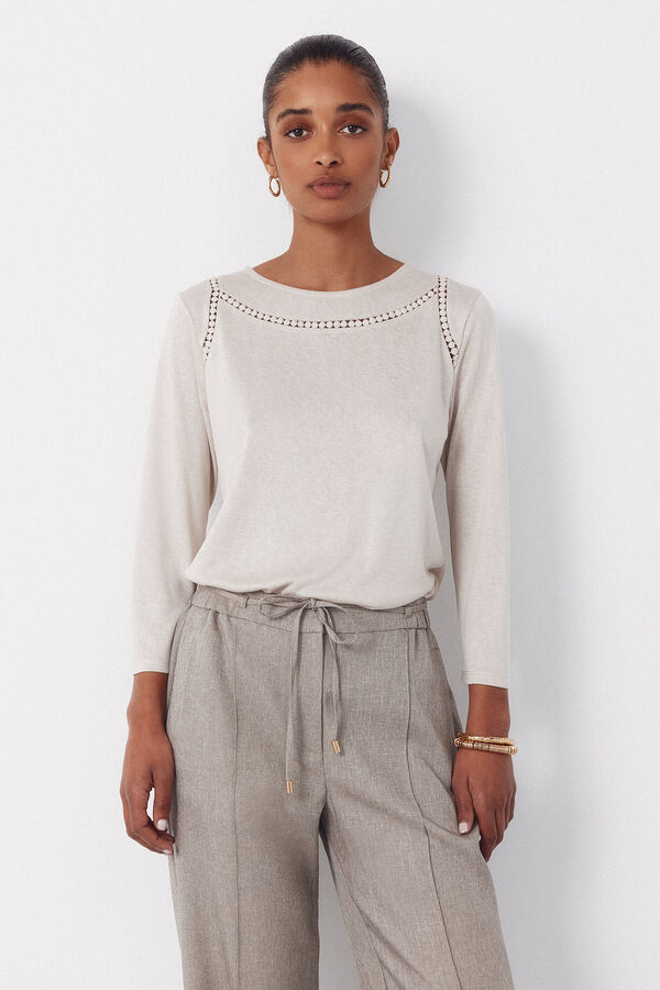 Cortefiel Hemstitch detail t-shirt Beige